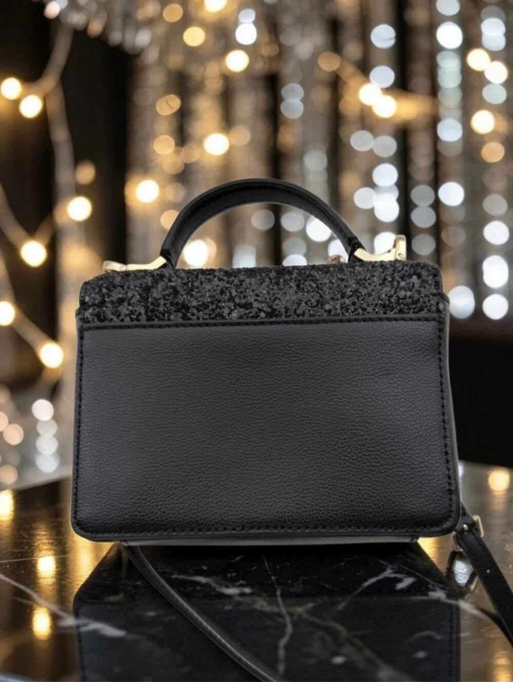 Kate Spade Laurel Way Black Glitter Maisie Top-Handle Crossbody Bag